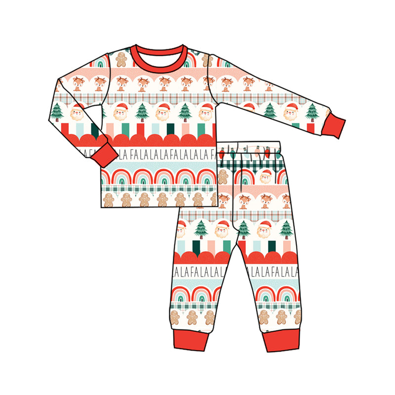 Preorder (moq 5)Baby Boys Red Long Sleeves Santa Deer Trees Stripe Top Pant Pajamas Set
