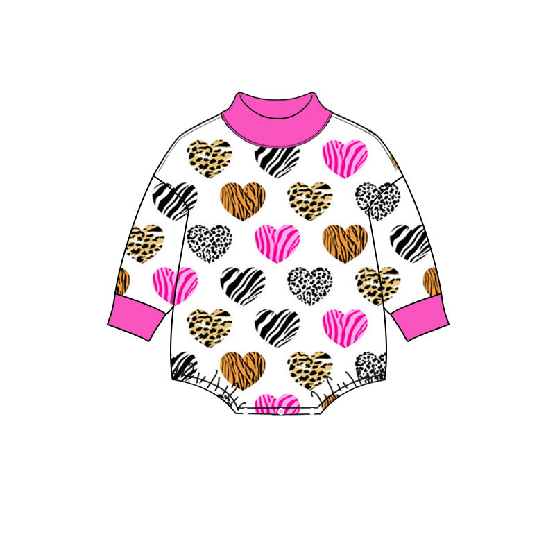 Preorder (moq 5) Baby Girl Clothes Valentine Mixed Animal Print Heart Long Sleeve Turtleneck Romper