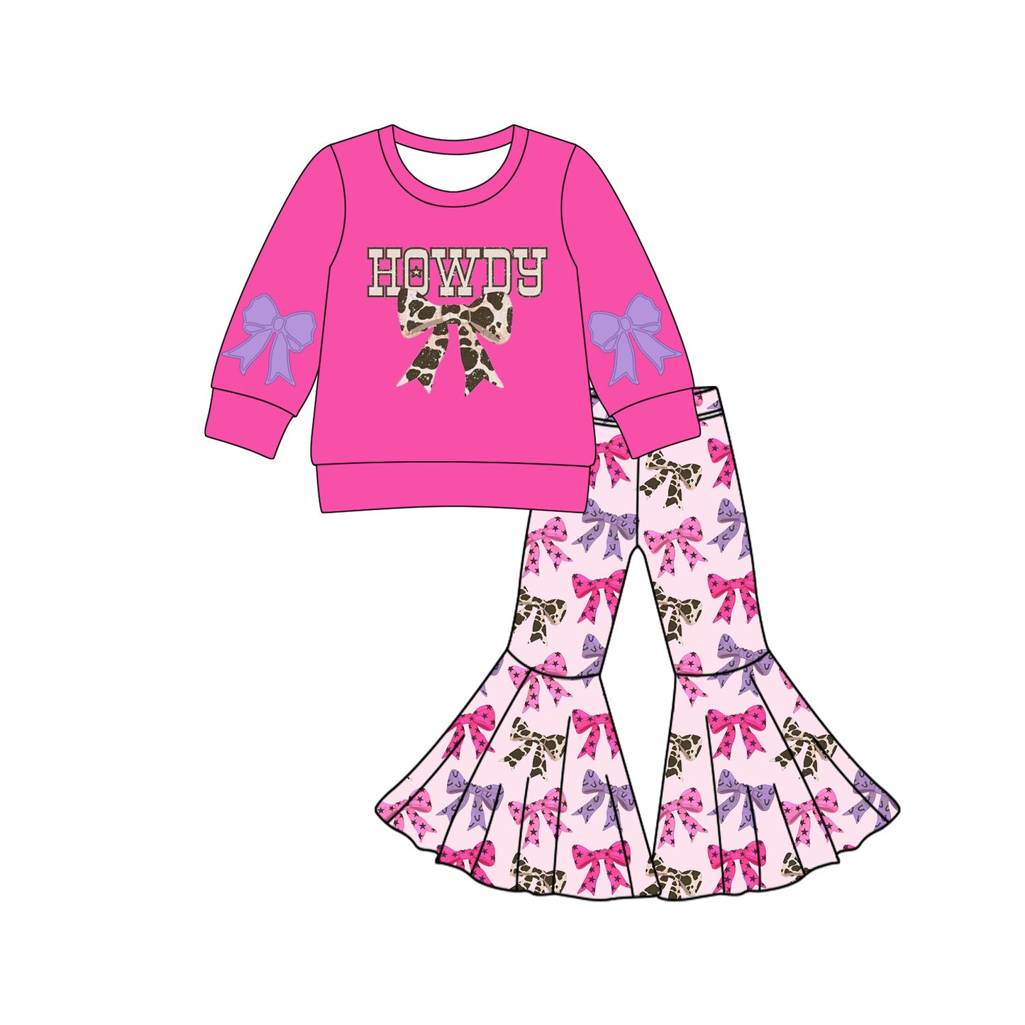 Preorder (moq 5)Baby Girls Howdy Leopard Bows Top Bell Bottom Pants Clothes Set