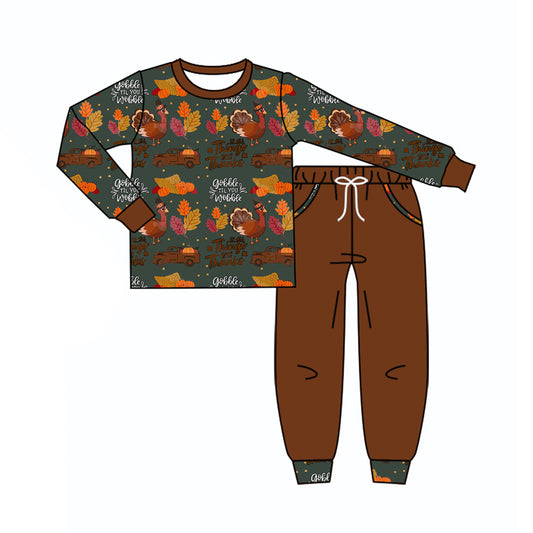 Preorder (moq 5)Baby Boys Turkey Pumpkins Top Pockets Jogger Thanksgiving Clothes Set