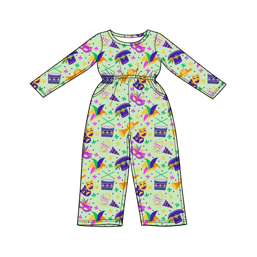 Preorder (moq5) Baby Girl Clothes Mardi Gras Instrument Mask Print Long Sleeve Pocket Jumpsuit