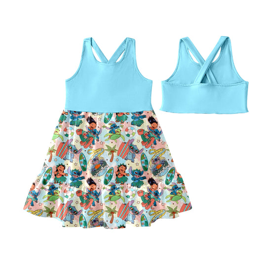Preorder (moq 5)Baby Girls Blue Sleeveless Cartoon Bunny Beach Patchwork Knee Length Dress