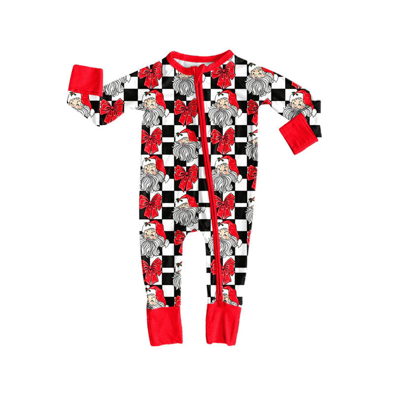 Preorder (moq 5) Baby Girls Black Checked Santa Christmas Two Way Zip Convertible Rompers