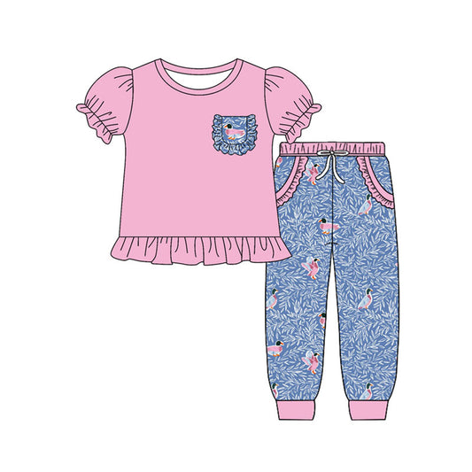 Preorder(moq 8)Baby Girls Pocket Ruffle Top Floral Ducks Jogger Pants Clothes Sets