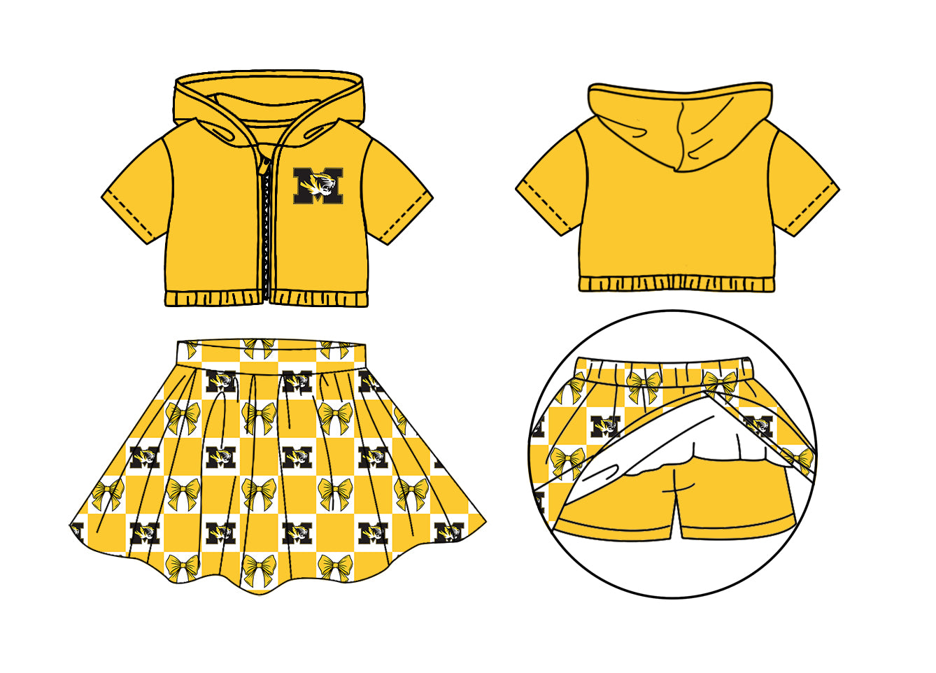 Preorder (moq 5)Baby Girls M Tigers Bows Zip Hoodie Jackets Skirt Short Team Clothes Sets