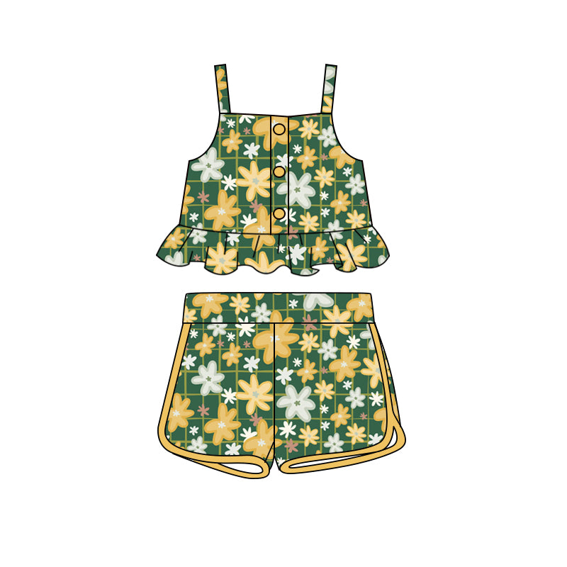 Preorder (moq 5)Baby Girls Green Yellow Flowers Straps Top Shorts Clothes Sets