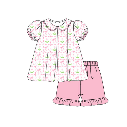 Preorder (moq 5)Baby Girls Pink Short Ruffle Sleeves Floral Bows Plaid Tunic Ruffle Short Set Preorder