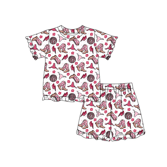 Preorder moq 5 Baby Girls Hat Boot Cows Top Ruffle Short Western Clothes Sets