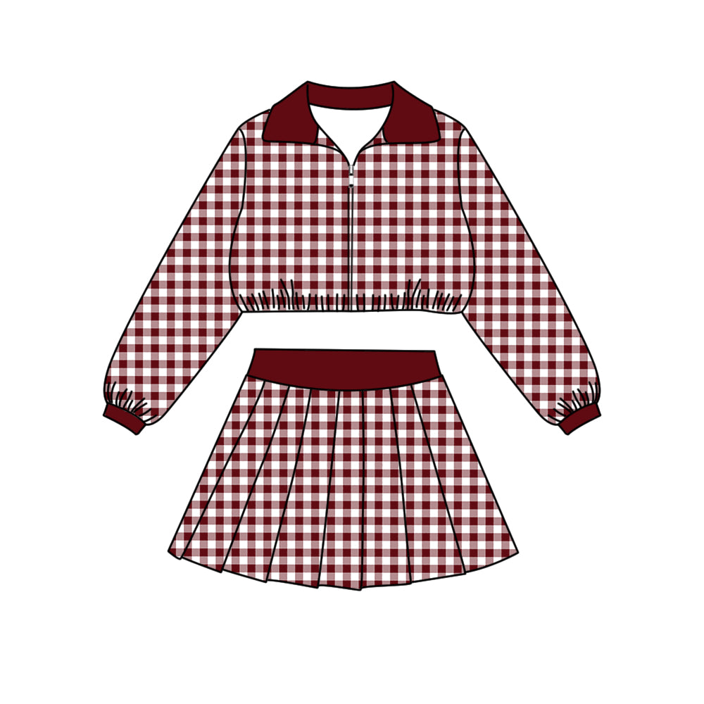 Preorder (moq 5)Baby Girls Long Sleeve Maroon Checked Zip Pullovers Skirt Short Clothes Set