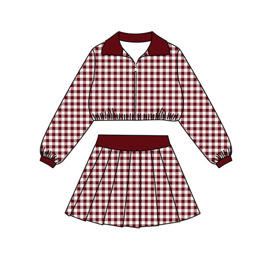 Preorder (moq 5)Baby Girls Long Sleeve Maroon Checked Zip Pullovers Skirt Short Clothes Set