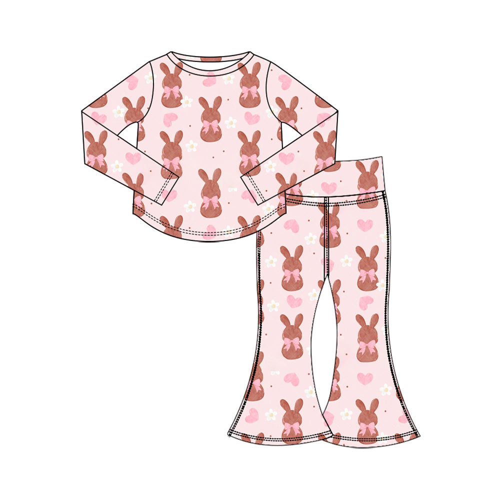 Preorder (moq 5) Baby Girl Clothes Easter Chocolate Bunny Bow Heart Daisy Print Long Sleeve Flare Pant Set