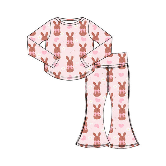 Preorder (moq 5) Baby Girl Clothes Easter Chocolate Bunny Bow Heart Daisy Print Long Sleeve Flare Pant Set