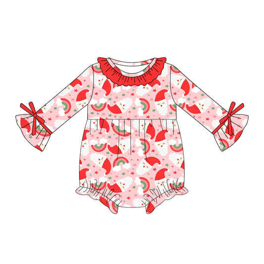 Preorder (moq 5)Baby Girls Long Sleeves Red Rainbows Santa Ruffle Rompers