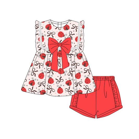 Preorder moq 5 Baby Girls Red Sleeveless Bows Ladybird Tunic Ruffle Short Set