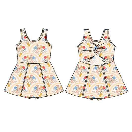 Preorder (moq 5)Baby Girls Peach Sleeveless Floral Plaid Yoga Active Skort Dress