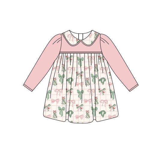 Preorder (moq 5)Baby Girls Peach Long Sleeves Colorful Bows Plaid Knee Length Dresses