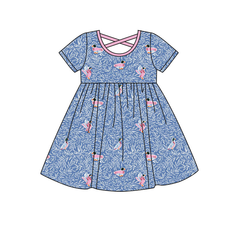 Preorder(moq 8)Baby Girls Blue Floral Ducks Knee Length Dresses