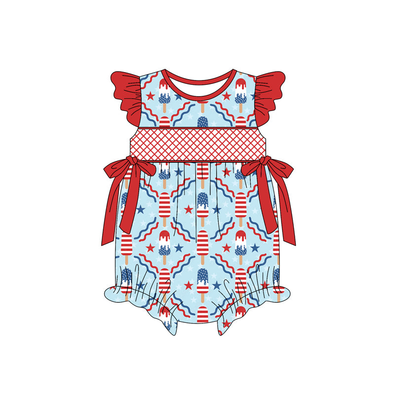 Preorder(moq 5)Baby Infant Girls Red Flutter Sleeves Stars Popsicle Bows 4th Of July Ruffle Rompers