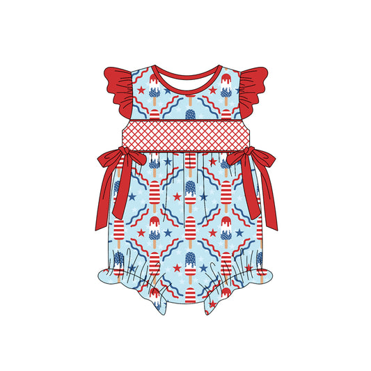 Preorder(moq 5)Baby Infant Girls Red Flutter Sleeves Stars Popsicle Bows 4th Of July Ruffle Rompers