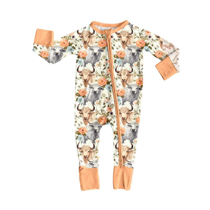 Preorder(moq 5)Baby Infant Boys Long Sleeves Flowers Highland Cows Zipper Rompers