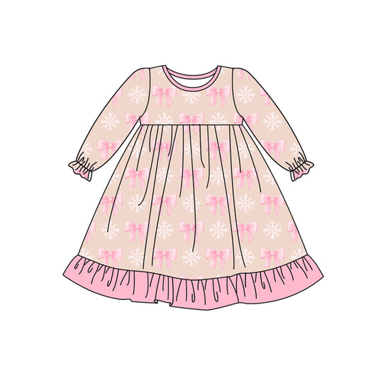 Preorder (moq 5)Baby Girls Pink Long Ruffle Sleeves Bows Snowflake Knee Length Dresses