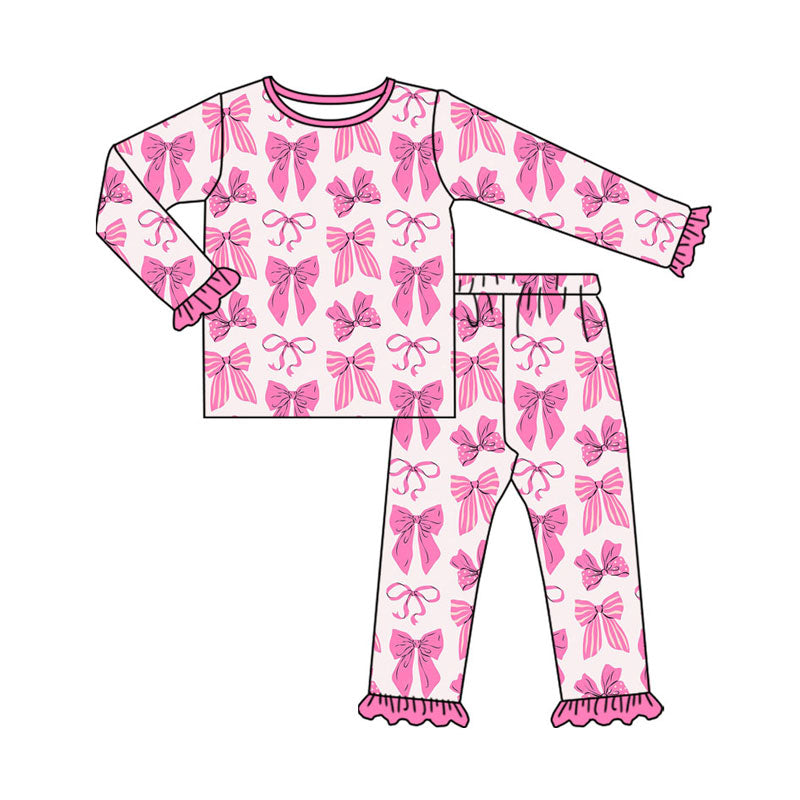 Preorder(moq 8)Baby Girls Long Sleeve Pink Bows Top Ruffle Pants Pajamas Sets