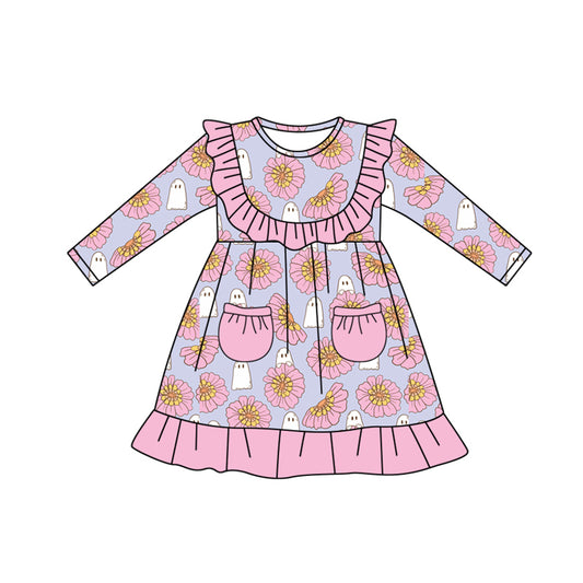 Preorder moq 5 Baby Girls Long Sleeves Pink Pockets Flowers Ghosts Knee Length Dresses