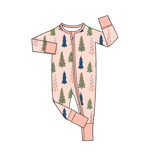 Preorder (moq 5)Baby Girls Pink Stripe Bows Trees Christmas Two Way Zip Convertible Rompers