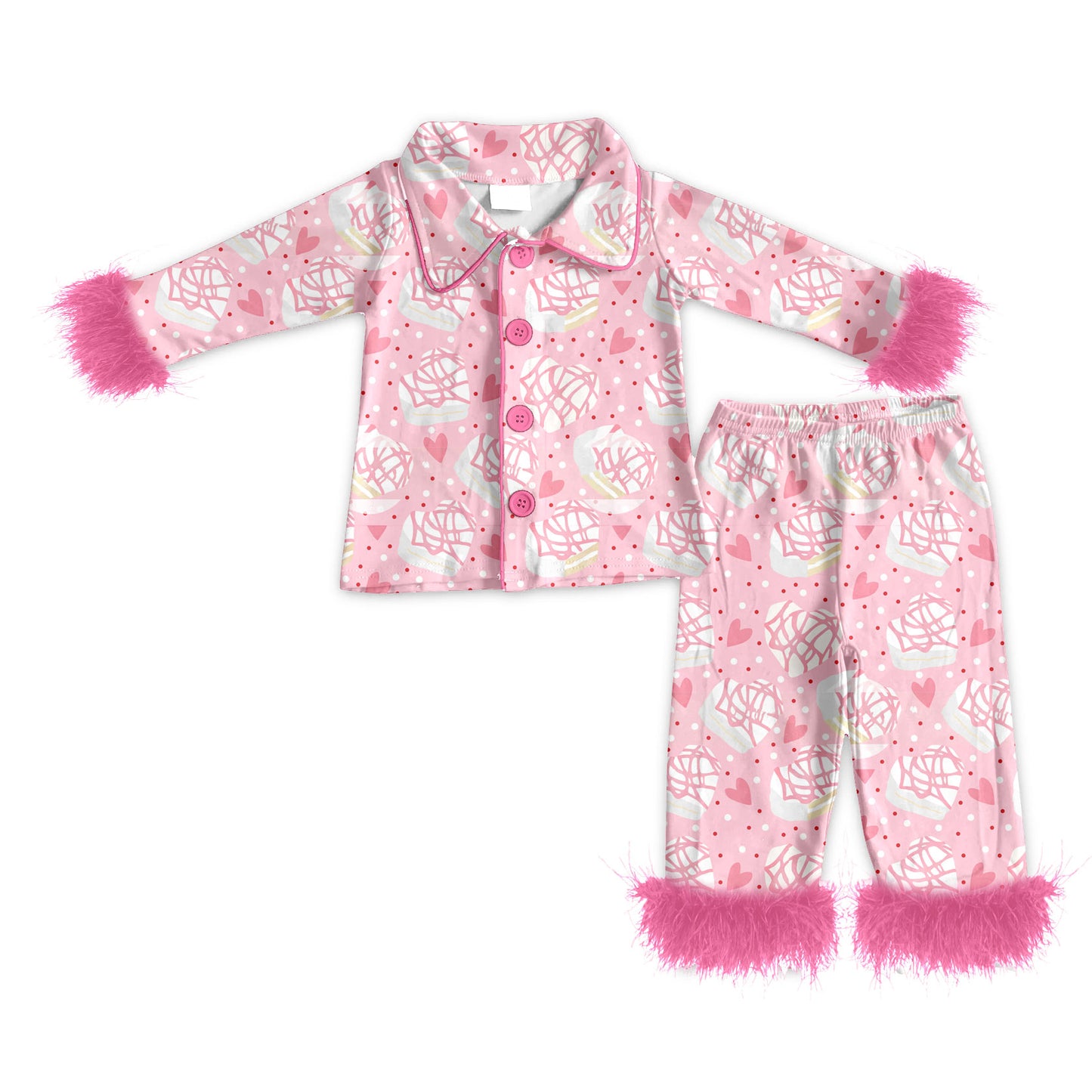 Preorder (moq 5)Baby Girls Polka Dots Hearts Button Top Pants Valentines Fur Sleeve Pajamas Sets
