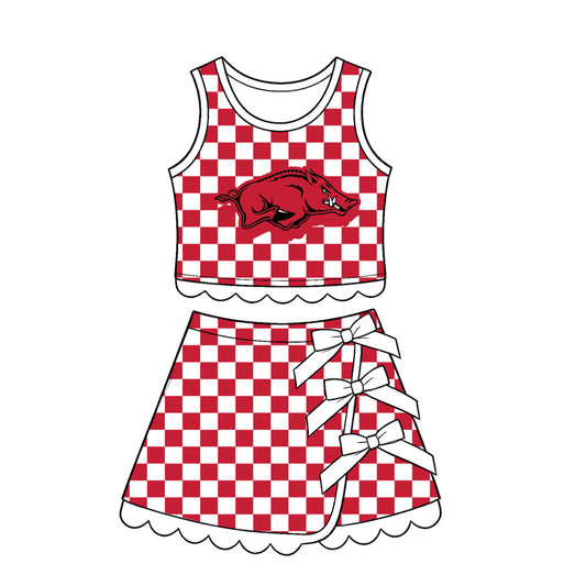 Preorder moq 5 Baby Girls Red Checked Arkansas Top Bows Skirt Short Scallop Clothes Set