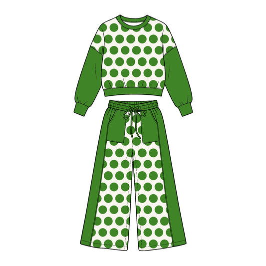 Preorder (moq5) Girl Clothes Green Big Polka Dot Color Block Crop Sweatshirt Wide Leg Pants Set