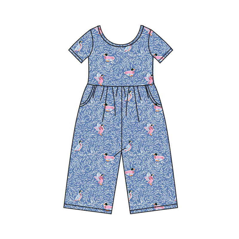 Preorder(moq 8)Baby Girls Blue Floral Ducks Pockets Pant Jumpsuits