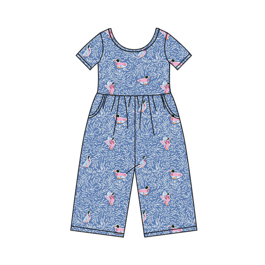 Preorder(moq 8)Baby Girls Blue Floral Ducks Pockets Pant Jumpsuits