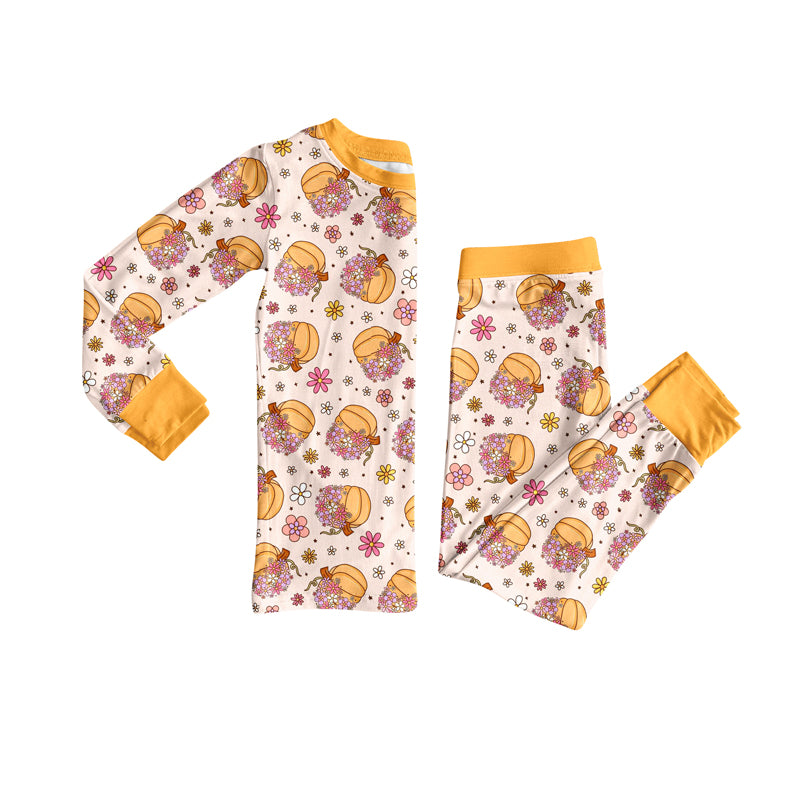 Preorder (moq 5)Baby Girls Yellow Long Sleeves Flower Pumpkins Top Pant Pajamas Sets