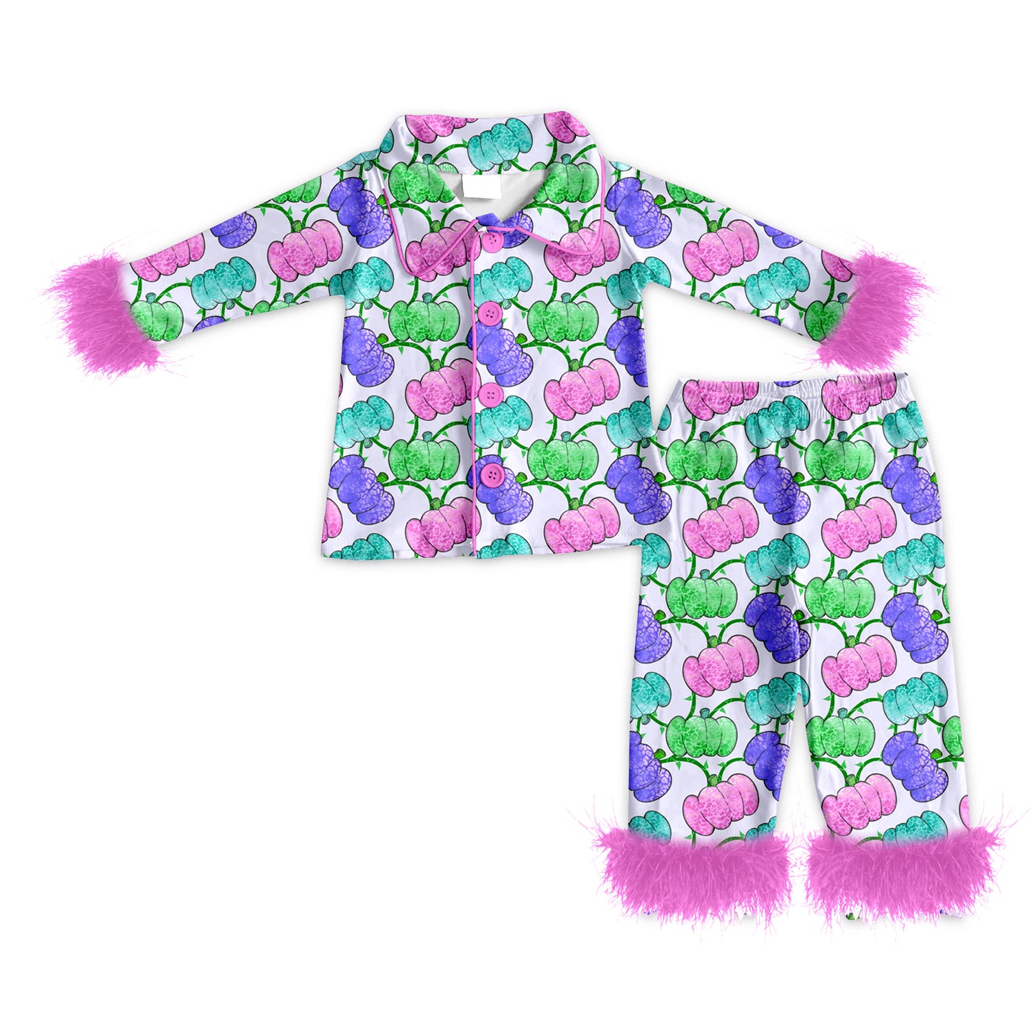 Preorder (moq 5)Baby Girls Fur Long Sleeves Colorful Pumpkins Plaid Button Top Pants Pajamas Set