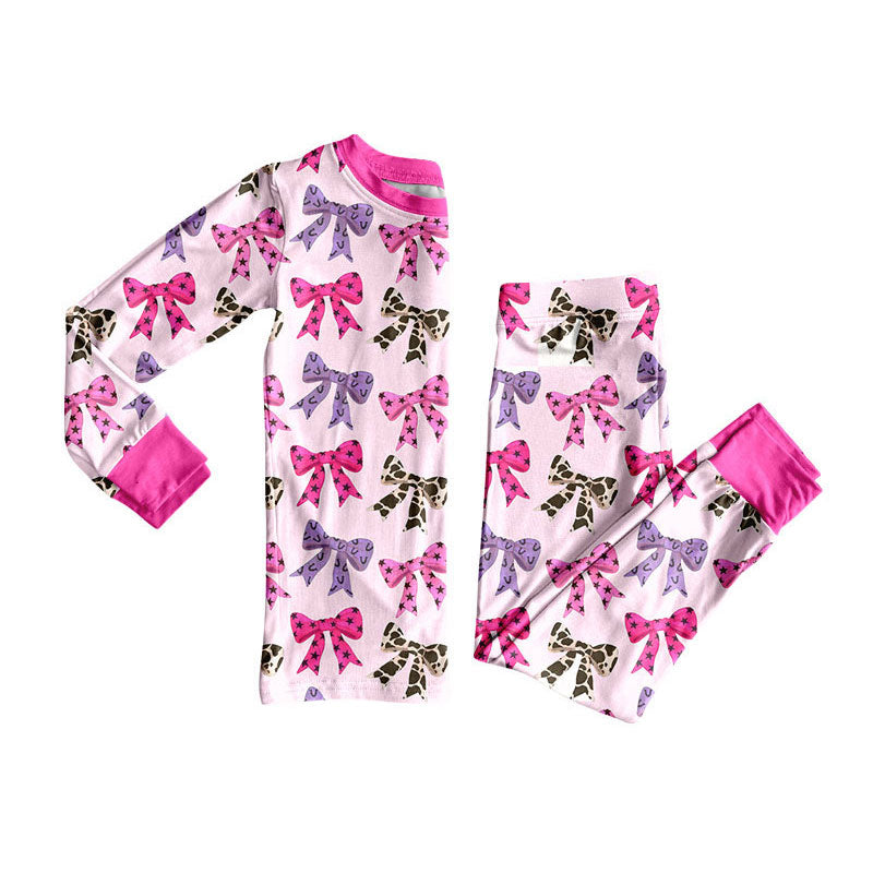 Preorder (moq 5)Baby Girls Leopard Stars Bows Top Pants Pajamas Clothes Set