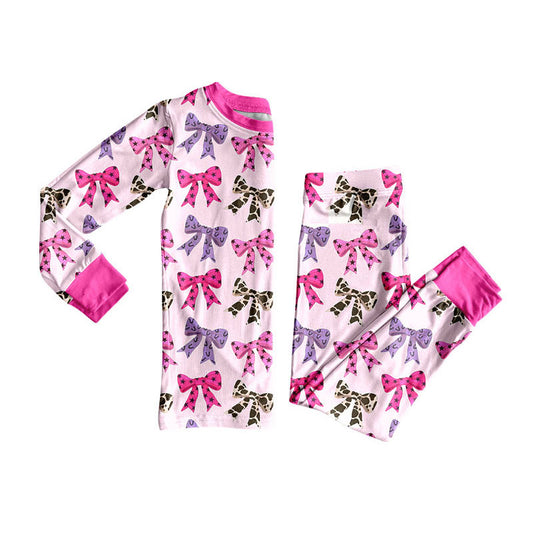 Preorder (moq 5)Baby Girls Leopard Stars Bows Top Pants Pajamas Clothes Set