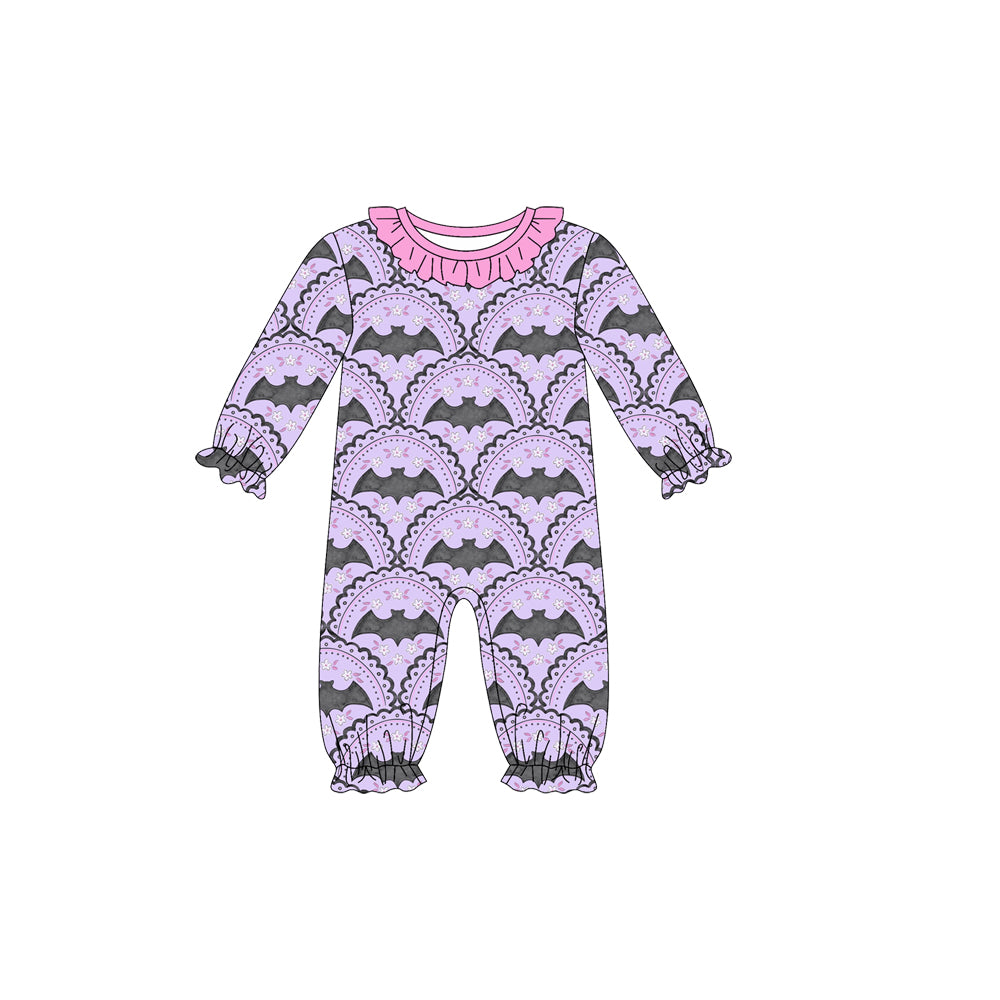 Preorder (moq 5)Baby Girls Long Sleeves Lavender Bats Plaid Ruffle Pant Romper