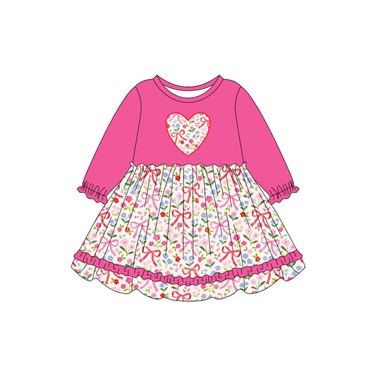 Preorder (moq 5)Baby Girls Hot Pink Long Ruffle Sleeves Bows Flowers Hearts Knee Length Dresses