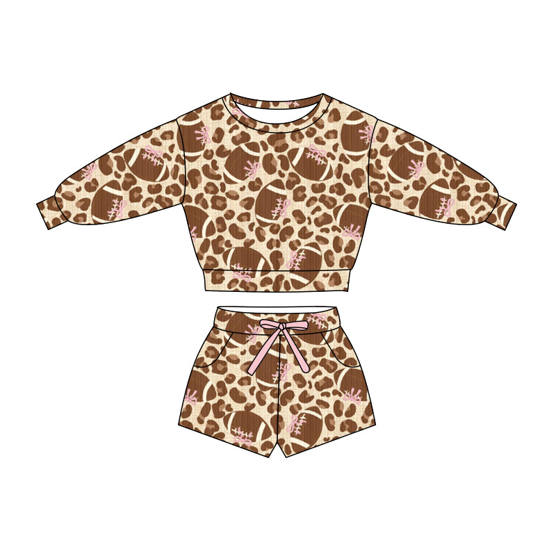 Preorder (moq 5)Baby Girls Bow Footballs Leopard Top Pockets Shorts Team Clothes Sets
