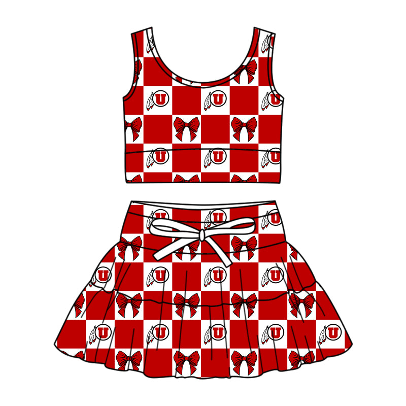 Preorder (moq 5)Baby Girls Utah Utes Bows Checked Vests Top Skirt Short Team Clothes Sets