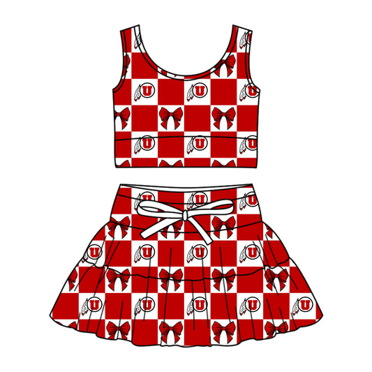 Preorder (moq 5)Baby Girls Utah Utes Bows Checked Vests Top Skirt Short Team Clothes Sets