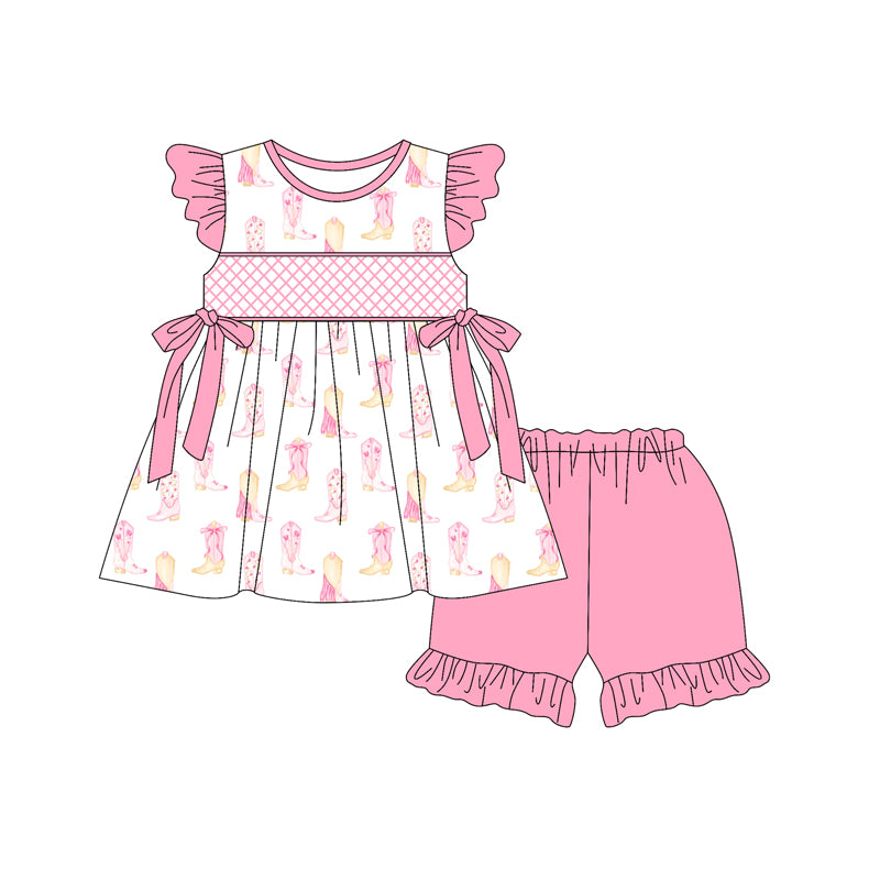 Preorder (moq 5)Baby Girls Pink Flutter Sleeves Bows Boots Tunic Ruffle Short Sets