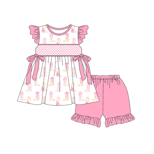 Preorder (moq 5)Baby Girls Pink Flutter Sleeves Bows Boots Tunic Ruffle Short Sets