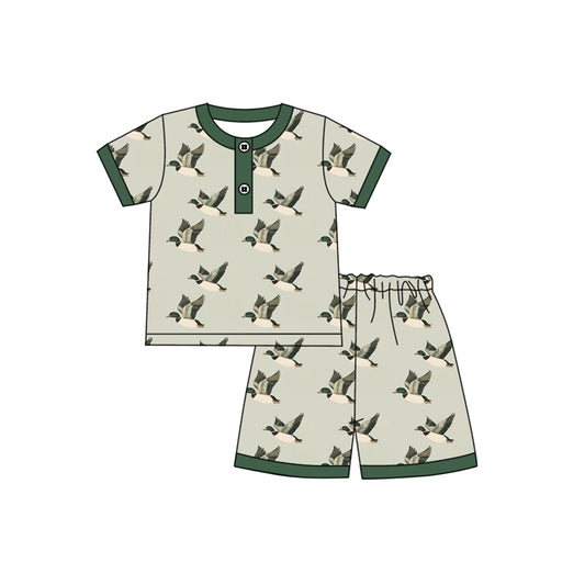 Preorder moq 5 Baby Boys Green Short Sleeves Ducks Button Top Short Pajamas Set