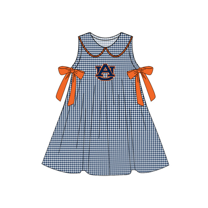 Preorder (moq 5)Baby Girls Navy Plaid Sleeveless Bows AU Team Knee Length Dresses