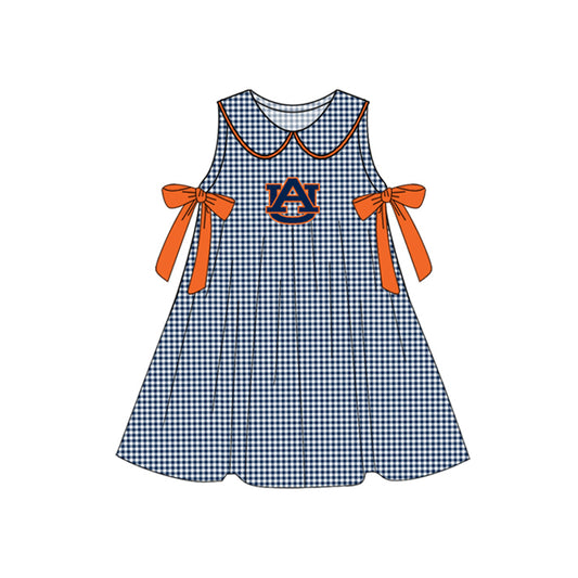 Preorder (moq 5)Baby Girls Navy Plaid Sleeveless Bows AU Team Knee Length Dresses