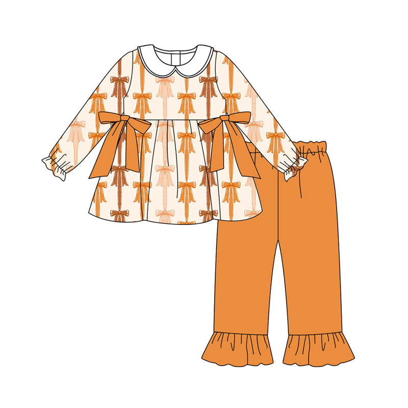 Preorder (moq 5)Baby Girls Long Sleeves Yellow Bows Stripe Tunic Ruffle Pant Set