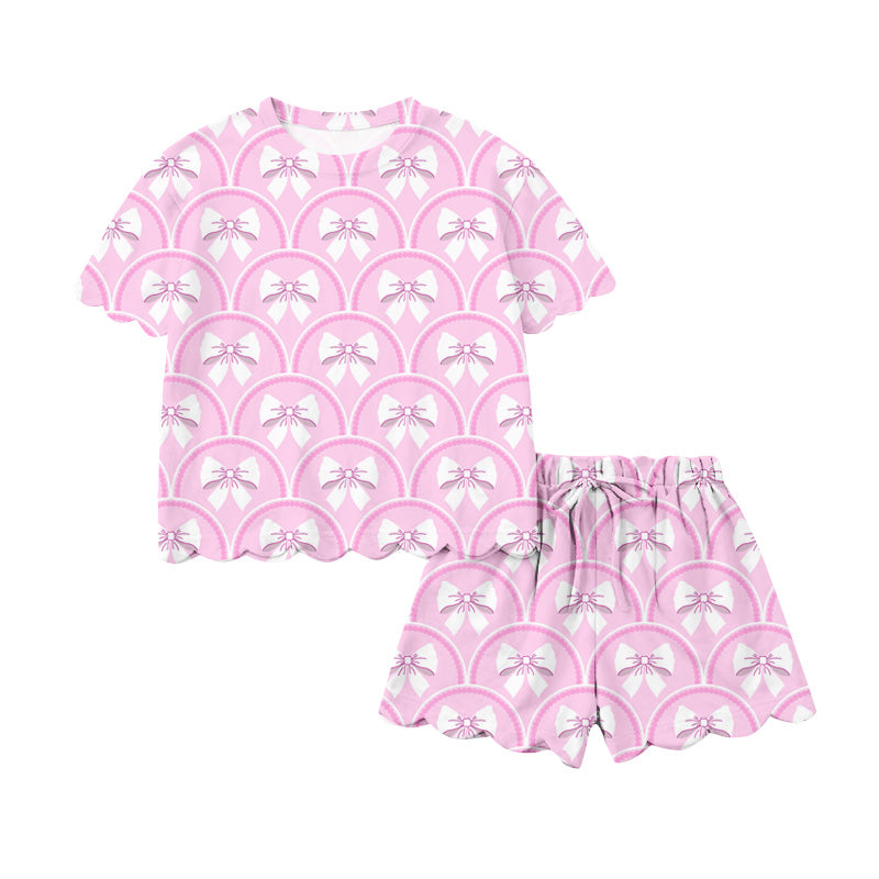 Preorder (moq 5)Baby Girls Short Sleeve Pink Checked Bows Top Scallop Shorts Clothes Sets