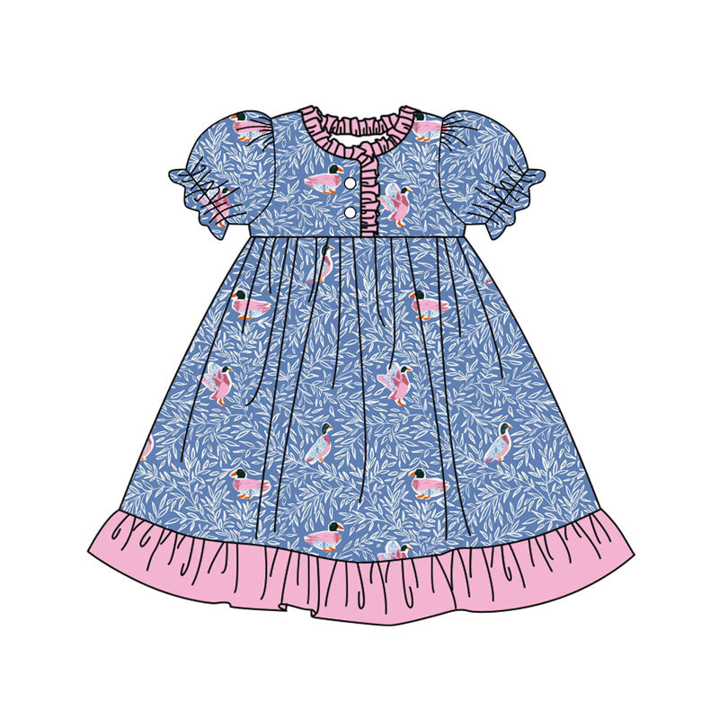 Preorder(moq 8)Baby Girls Blue Floral Ducks Button Ruffle Knee Length Dresses